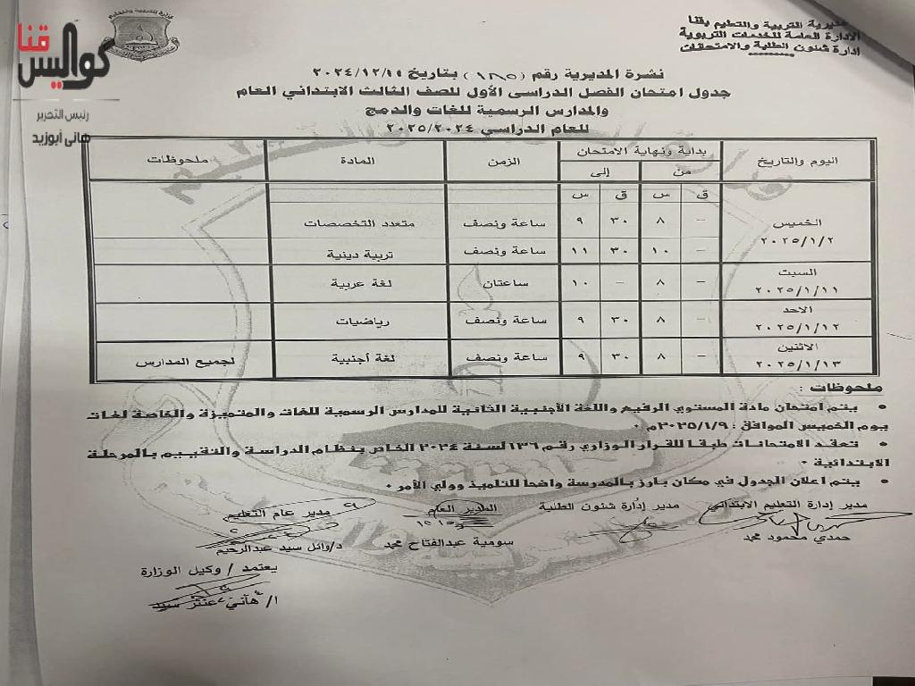 تعرف على المواعيد.. اعتماد جداول امتحانات الفصل الدراسي الأول 2024-2025 بقنا