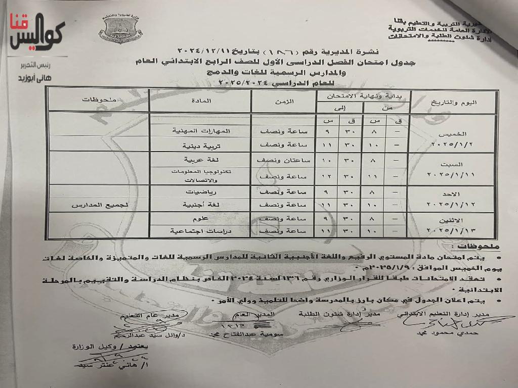 تعرف على المواعيد.. اعتماد جداول امتحانات الفصل الدراسي الأول 2024-2025 بقنا