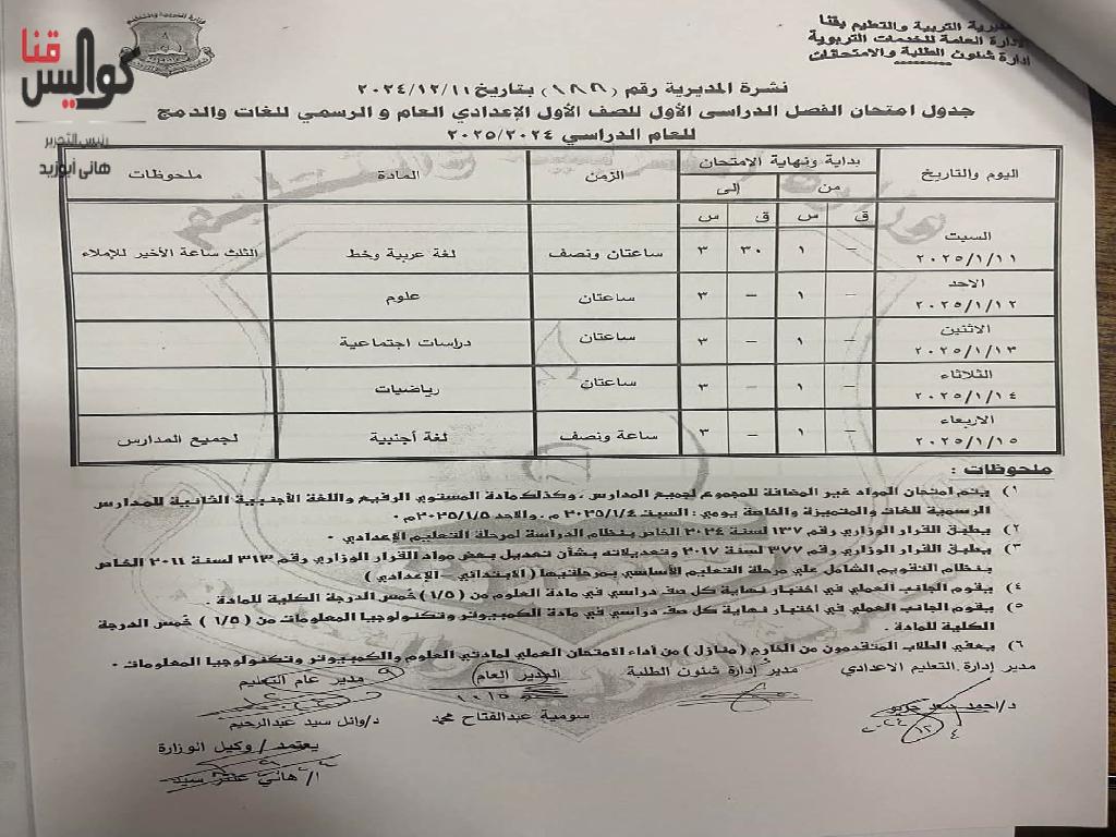 تعرف على المواعيد.. اعتماد جداول امتحانات الفصل الدراسي الأول 2024-2025 بقنا