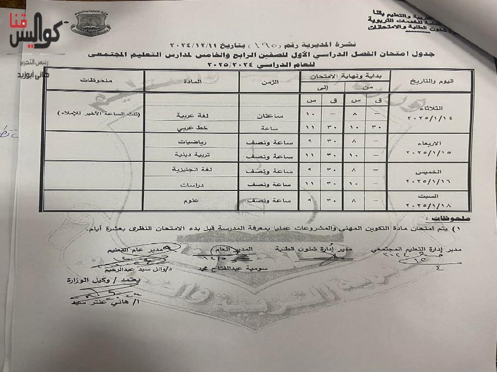 تعرف على المواعيد.. اعتماد جداول امتحانات الفصل الدراسي الأول 2024-2025 بقنا