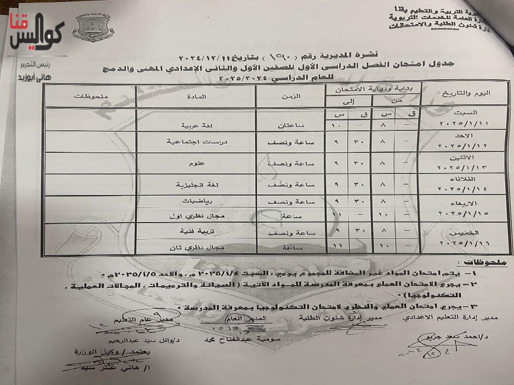 تعرف على المواعيد.. اعتماد جداول امتحانات الفصل الدراسي الأول 2024-2025 بقنا