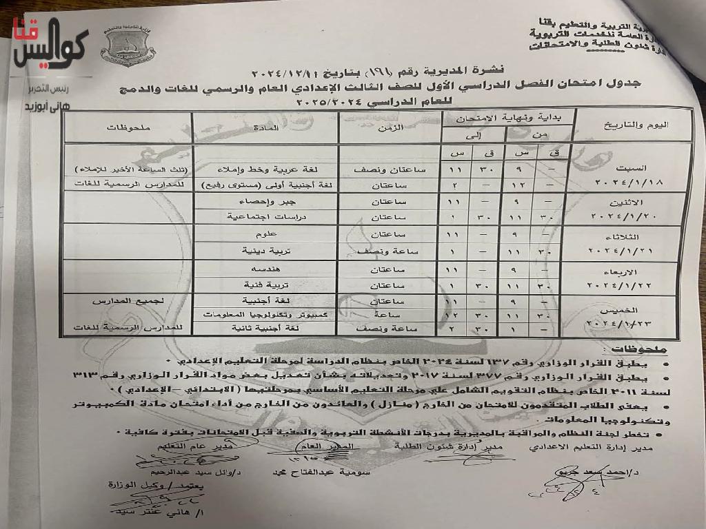 تعرف على المواعيد.. اعتماد جداول امتحانات الفصل الدراسي الأول 2024-2025 بقنا