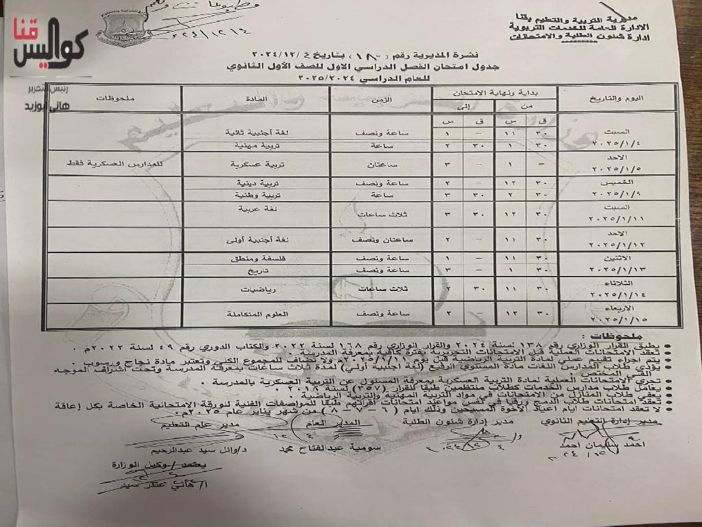 تعرف على المواعيد.. اعتماد جداول امتحانات الفصل الدراسي الأول 2024-2025 بقنا