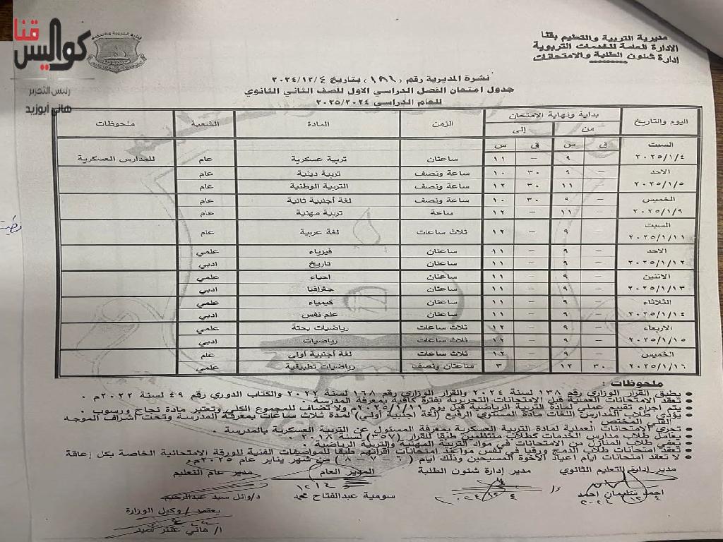 تعرف على المواعيد.. اعتماد جداول امتحانات الفصل الدراسي الأول 2024-2025 بقنا