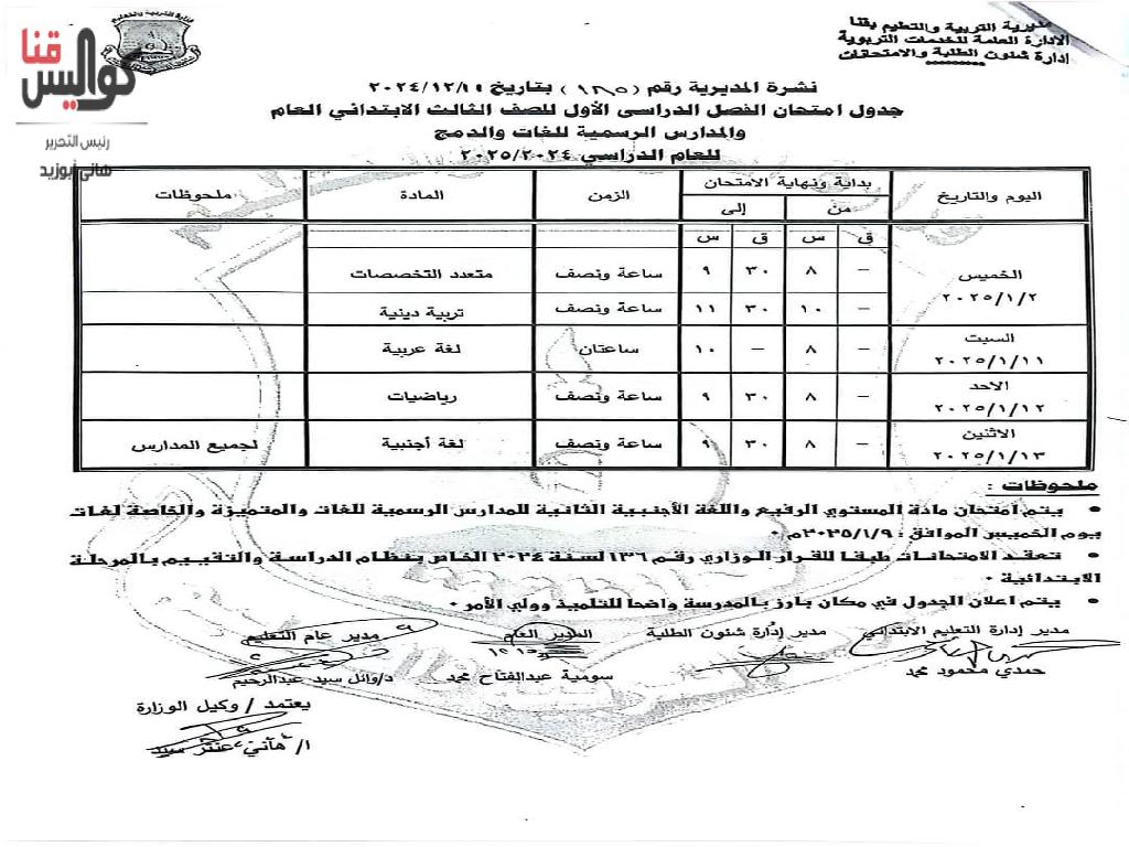 تعرف على المواعيد.. اعتماد جداول امتحانات الفصل الدراسي الأول 2024-2025 بقنا