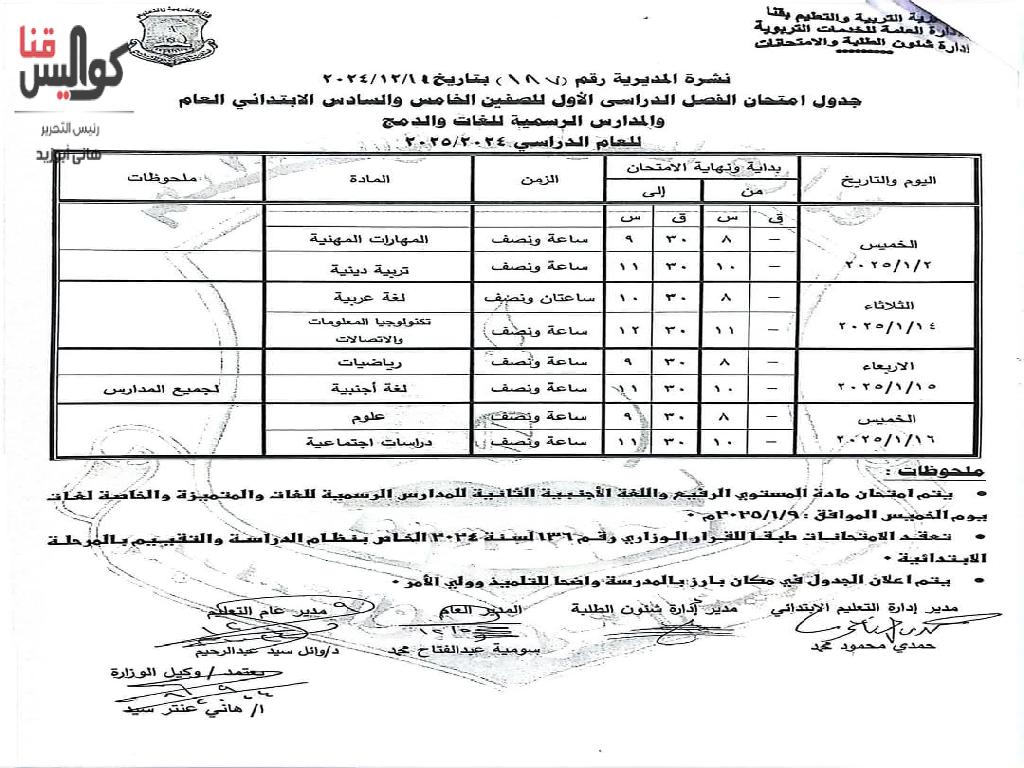 تعرف على المواعيد.. اعتماد جداول امتحانات الفصل الدراسي الأول 2024-2025 بقنا