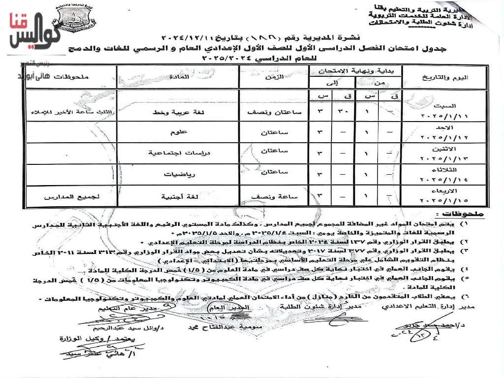 تعرف على المواعيد.. اعتماد جداول امتحانات الفصل الدراسي الأول 2024-2025 بقنا